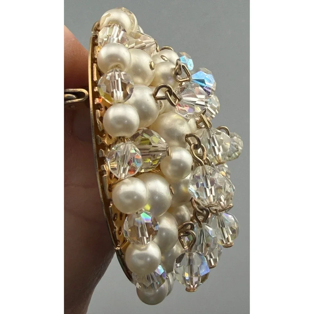 Vintage Kramer Brooch Faux Pearl AB Crystal Clusters Dangling Cha-Cha Style 2.5
